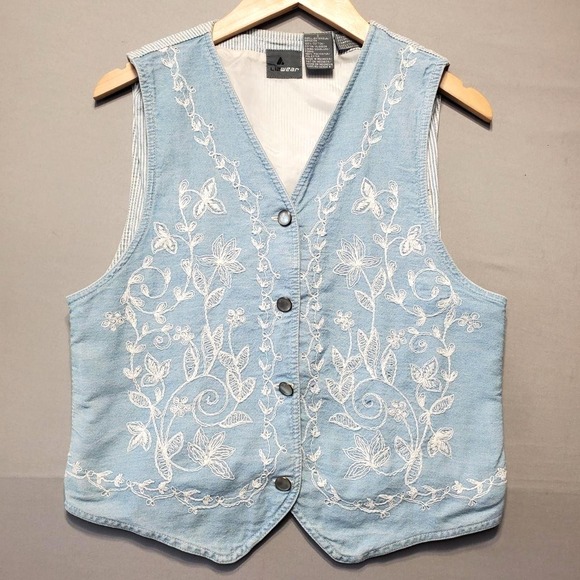 lizwear Jackets & Blazers - VTG Lizwear Denim Vest Womens S Light Blue Embroidered Floral Boho Cottagecore